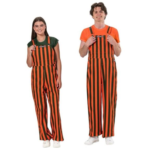 University Of Miami Game Bibs Adult Green/Orange College Stripes Overalls NWT - Picture 1 of 3